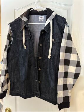 Black Denim Hooded Jean Jacket with Buffalo Plaid Sleeves